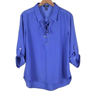 Jones New York Cobalt Blue Lace-Up Roll-Tab Blouse
